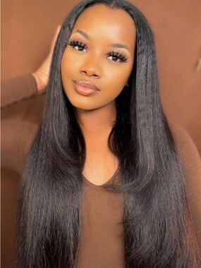 Kinky Straight V Part Wig Human Hair 180% Density Glueless Wig 16inch NEW